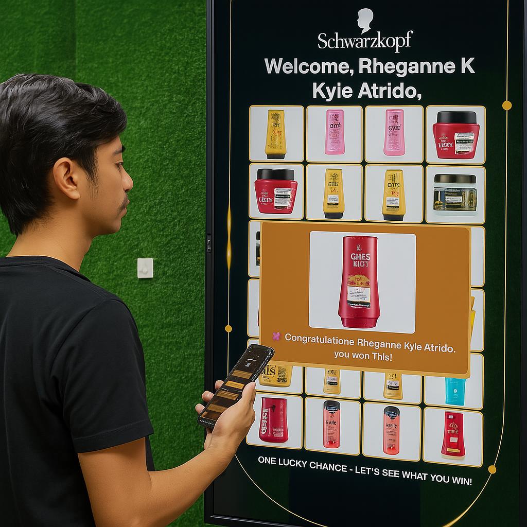Guest playing Scan & Win interactive game by scanning QR code at a mall activation event in Dubai, with live name display and prize reveal on a big screen.